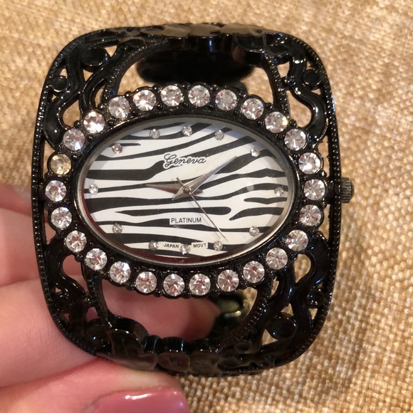 Geneva zebra and rhinestone black cuff watch - Picture 2 of 7